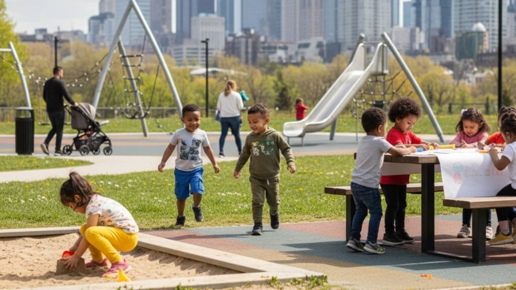 Young children playing freely outdoors without screens