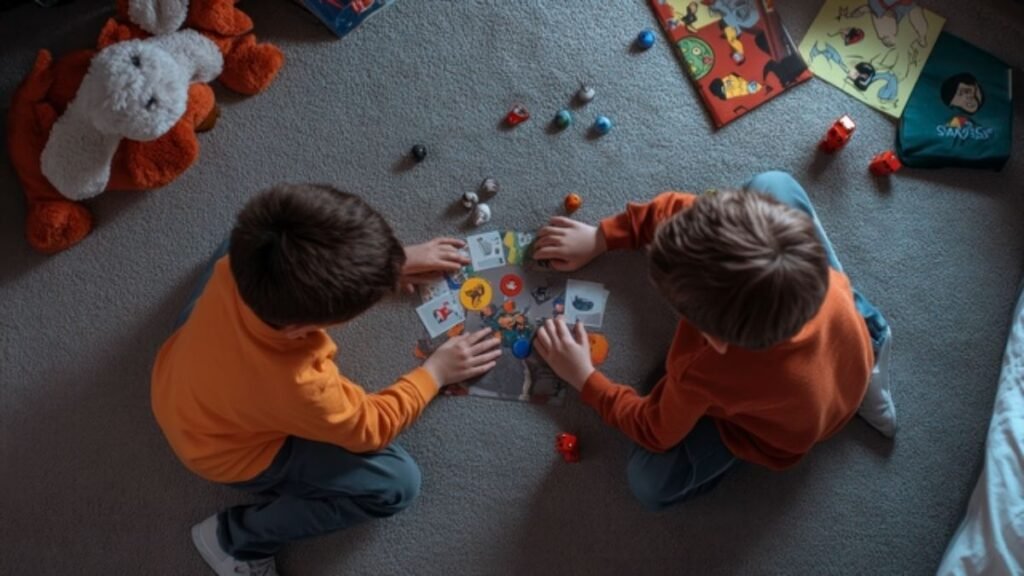 two young boys playing with card games