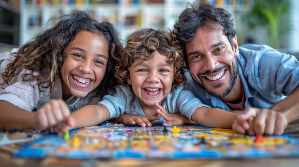 Man and Two Children Playing With Puzzle together