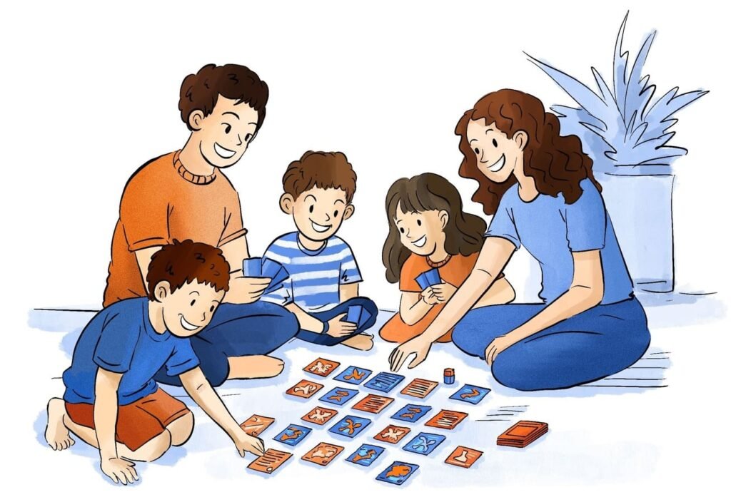 family playing board game together at home screen free playtime
