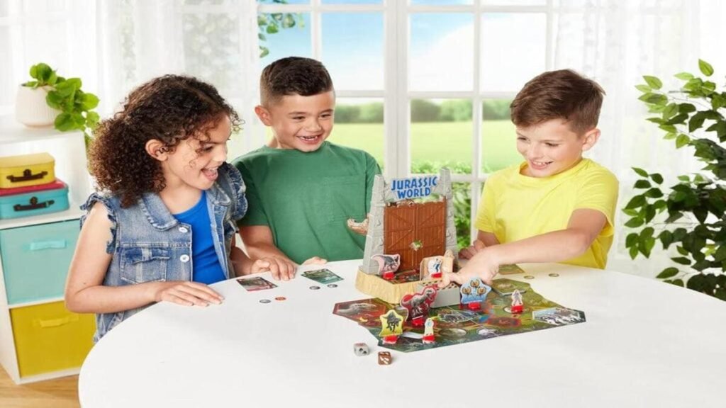 Here you go:
Alt text: Three happy kids playing Dinosaur Escape board game together