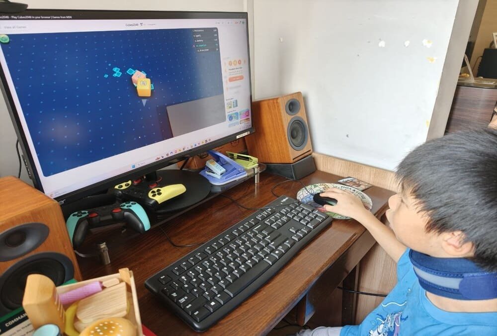 a kid playing a pc game on the desktop