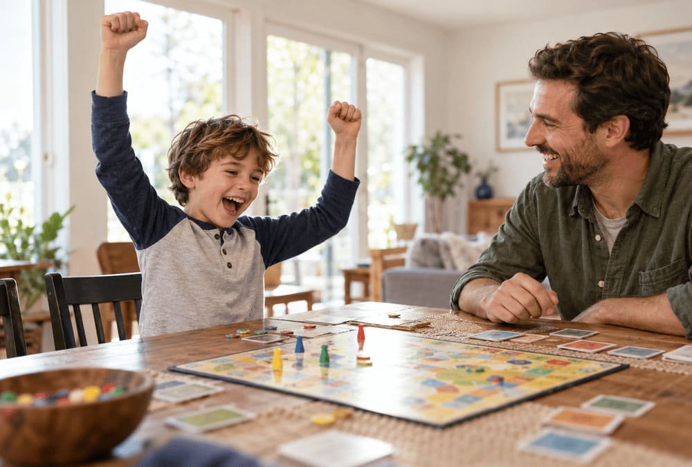 Child celebrates beating a parent at a family board game