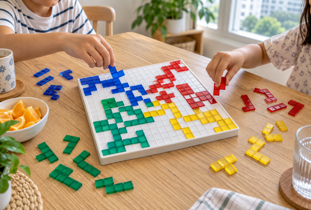 Children playing a colourful tile-laying strategy board game