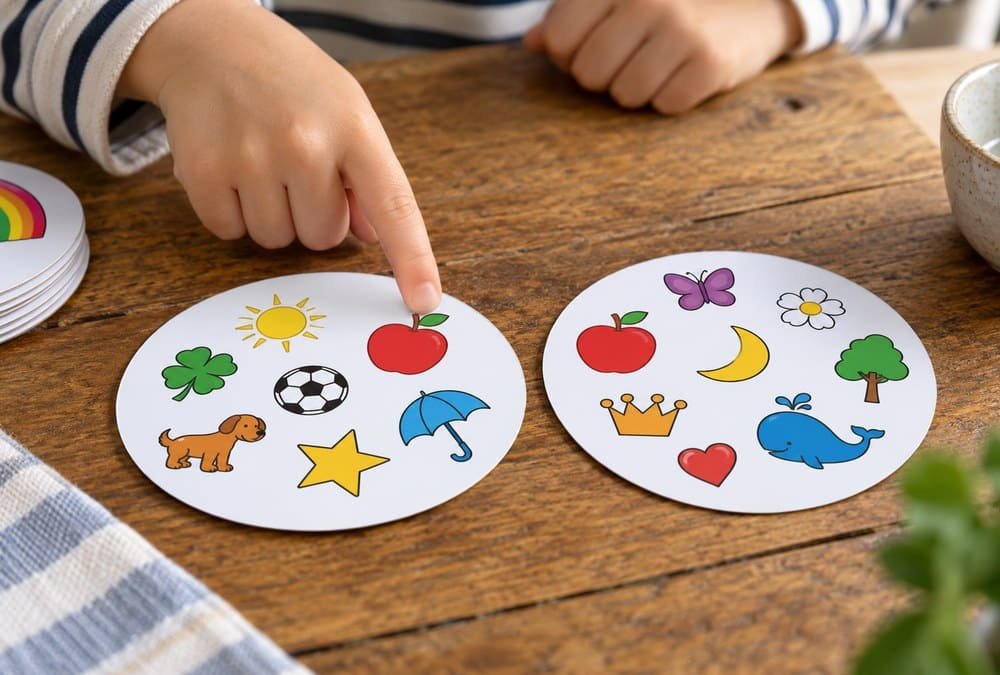 Child spots a matching apple on two round symbol cards